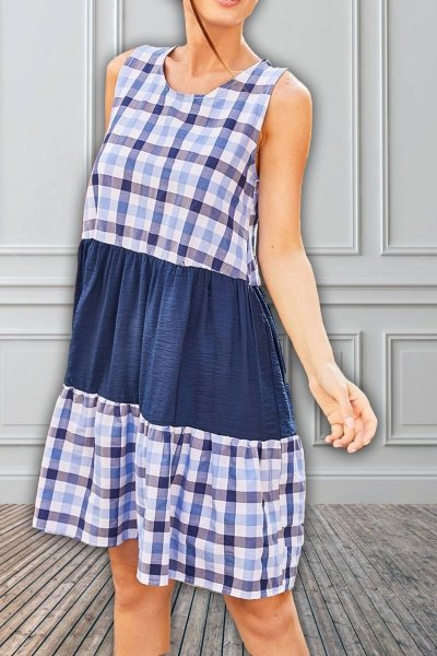 Bloklu Askılı Eteği Fırfırlı Lacivert Elbise