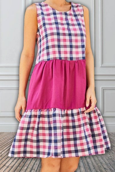 Bloklu Askılı Eteği Fırfırlı Mor Elbise