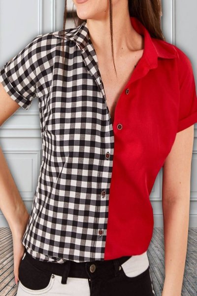 Bloklu Kare Desen Kısa Kol Kırmızı Gömlek