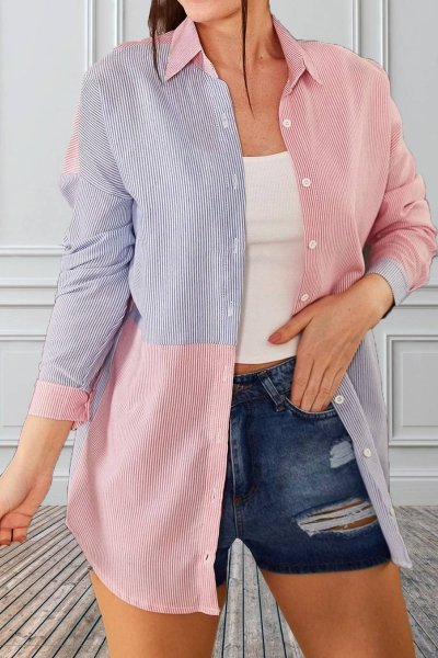 Çizgili İki Renkli Uzun Kol Salaş Gömlek