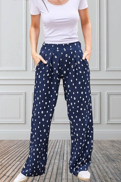 Desenli Bol Lacivert Pantolon