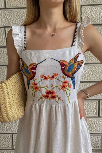 Kuş İşlemeli Nakışlı Keten Elbise
