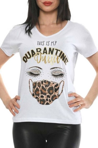 Maske Karantina Baskılı Beyaz Tişört