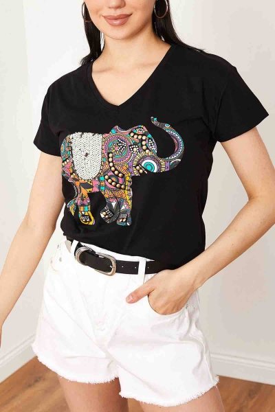 Nakışlı Taşlı Fil İşlemeli Siyah Tişört