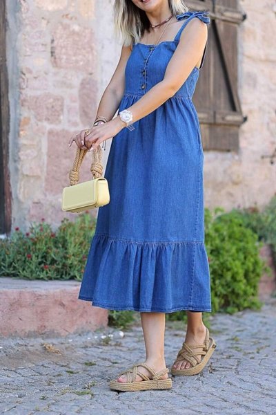 Omuzları Bağcıklı Jean Elbise