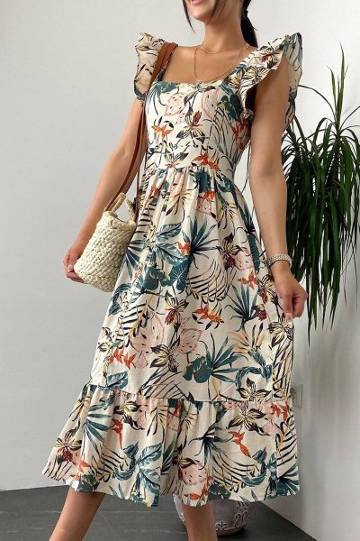 Yaprak Desenli Kare Yaka Midi Boy Keten Elbise