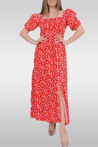 Yırtmaç Detaylı Kare Yaka Balon Kol Viskon Elbise